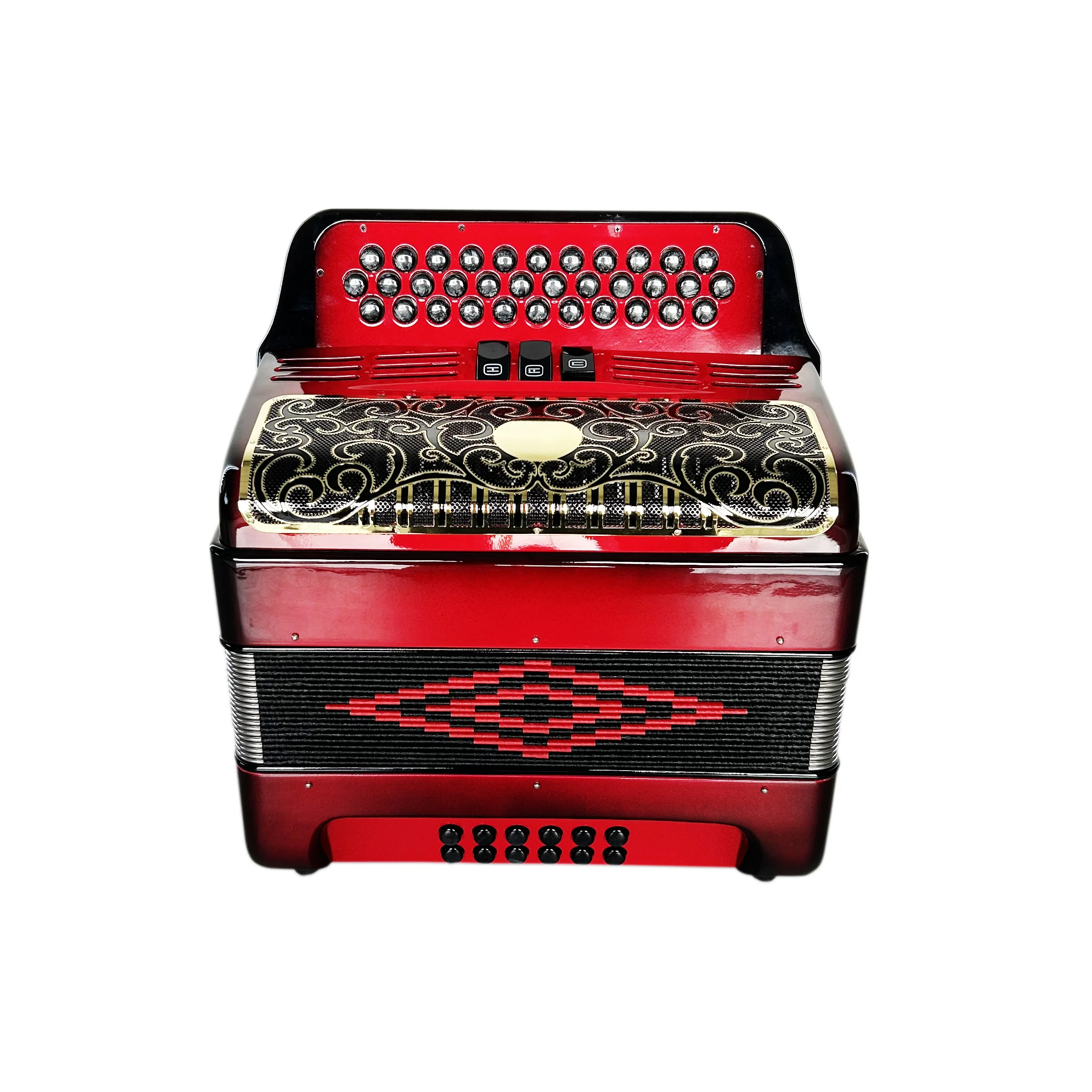 

Профессиональный 34 кнопки, 12 басов, 3 регистратора, красный, черный, золотой гриль, портативный аккордеон JB3412C