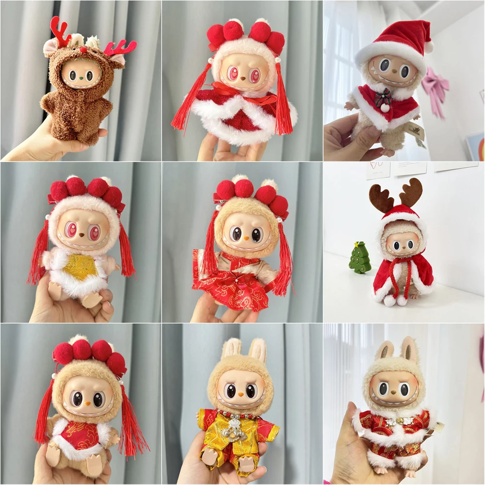 1Pcs Red Horned Elk Jumpsuit Mini Plush Doll'S Clothes Outfit Accessories Only Clothes For Labubu Doll Clothing New Year Gift