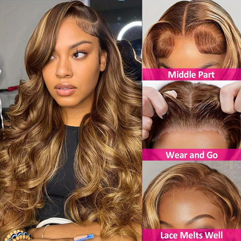 باروكة من شعر طبيعي أشقر عسلي 100% شعر بشري حقيقي أومبير تسليط الضوء على شعر مستعار أشقر عسلي-بدون صمغ قبل قطع مسبقًا 13x4 HD دانتيل #2