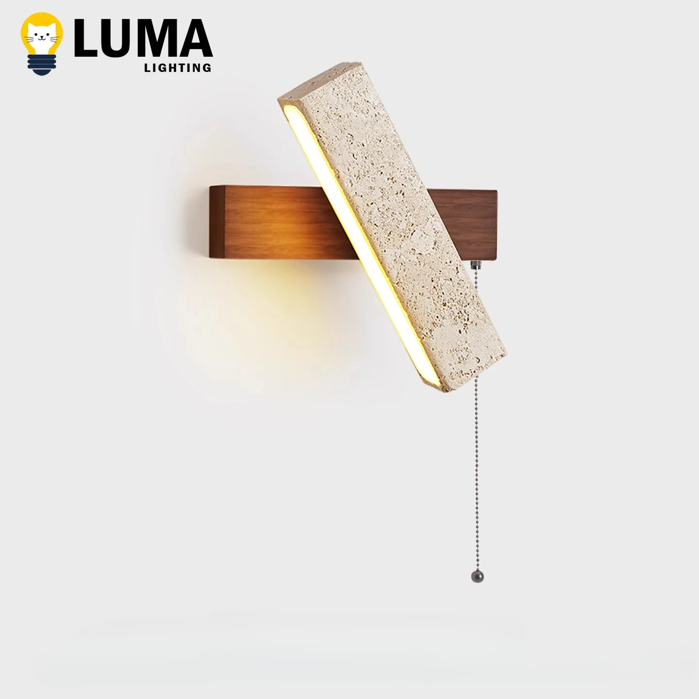 

Luma Japanese Wabi-Sabi Yellow Travertine Wall Light With Pull Chain Switch, Rotable LED Wood Stone Lamp for Bedside Apartment