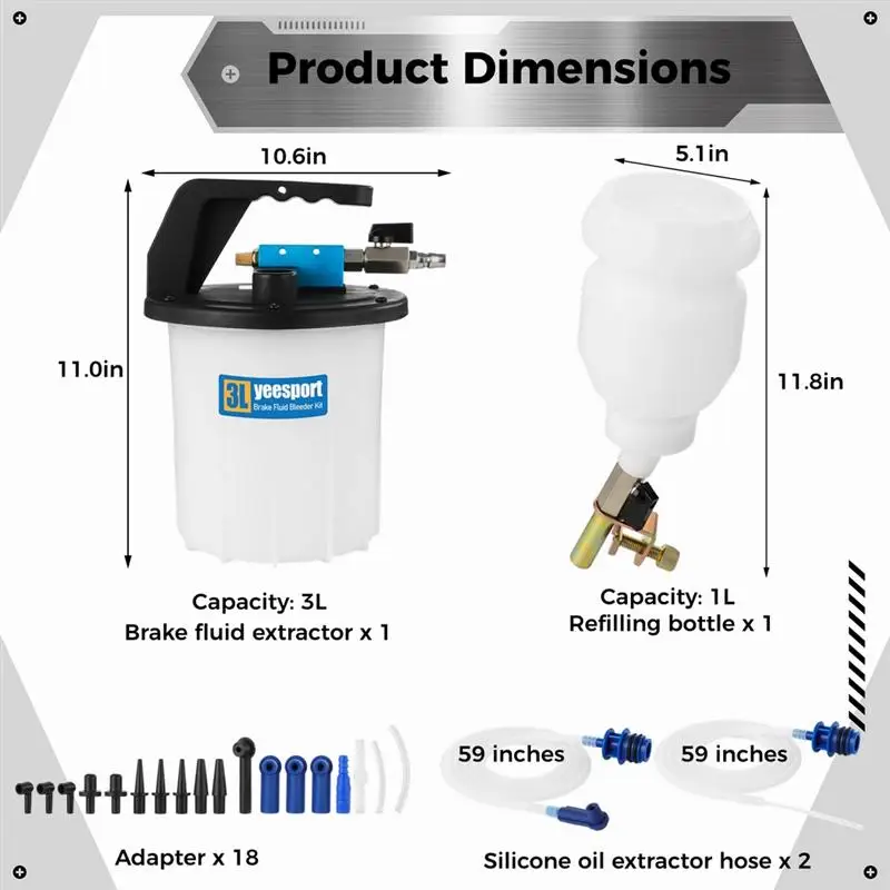 3L Vacuum Brake Bleeder Kit Pneumatic Brake Fluid Clutch Bleeding Extractor Tool With 1L Refilling Bottle 18 Extra Adapters