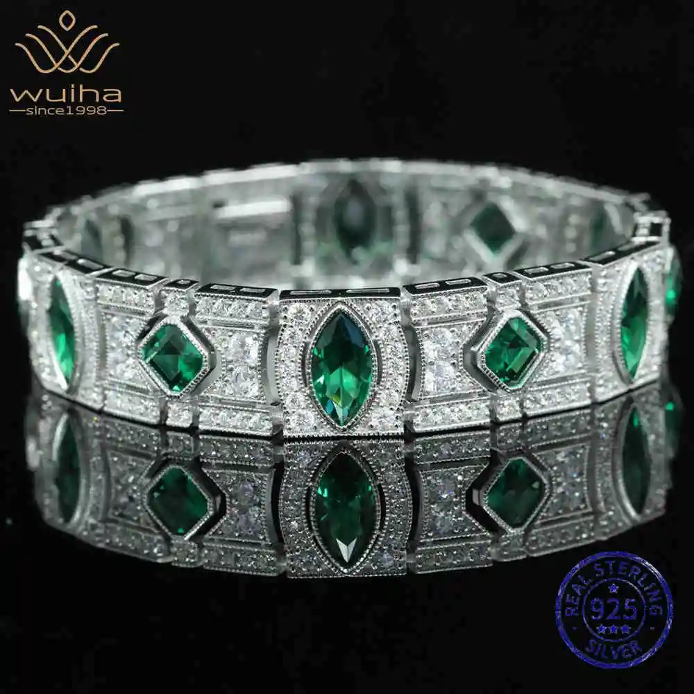 WUIHA 925 Sterling Silver Marquise Cut Emerald High Carbon Diamonds Gemstones Bracelet Bangle Cocktail Fine Jewelry Wholesale