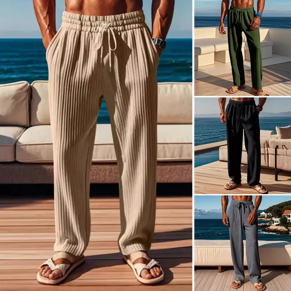 Men Pants Stylish Men's Wide Leg Sweatpants With Adjustable Drawstring Waist Side Pockets Pleated Design Trousers For Comfort