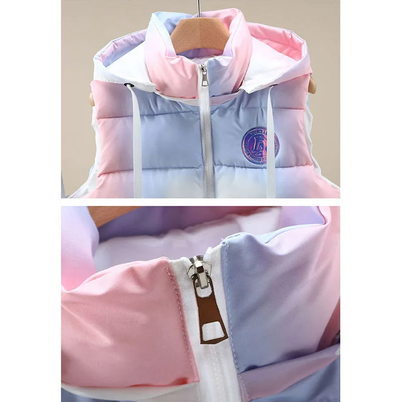 Otoño Invierno nuevo chaleco de algodón ligero y fino con cuello levantado para mujer, chaleco ajustado a la moda sin mangas con gradiente cálido para mujer