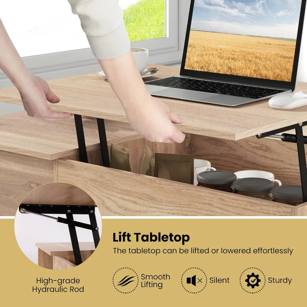 Lift Top Coffee Table,  with Hidden Compartment, Open Shelf & Cabinet, Wooden Flip Top Center Table, Pull up Coffee Table