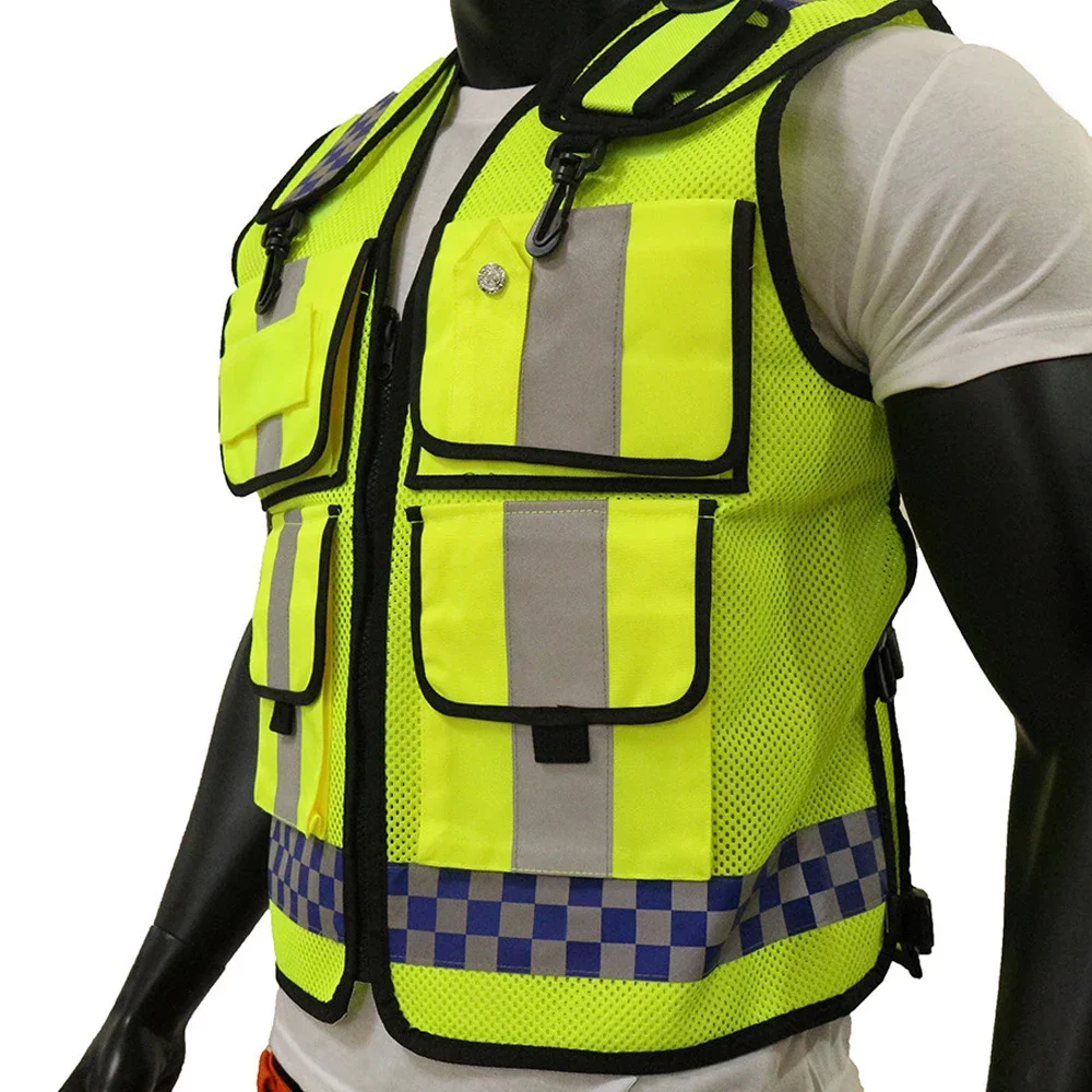 Chaleco reflectante de policía, chaqueta de seguridad de alta visibilidad, malla transpirable, doble capa, ropa de trabajo de seguridad nocturna
