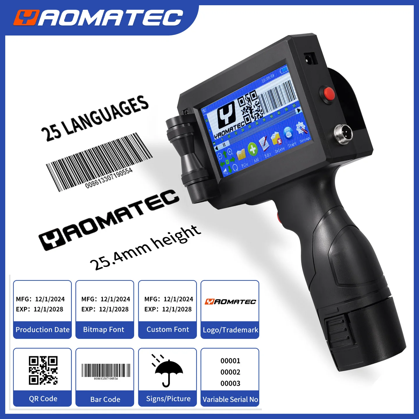 Yaomatec D254 Handheld Inkjet Printer Portable Gun for Production Expiry Date Barcode Batch Number QR Code