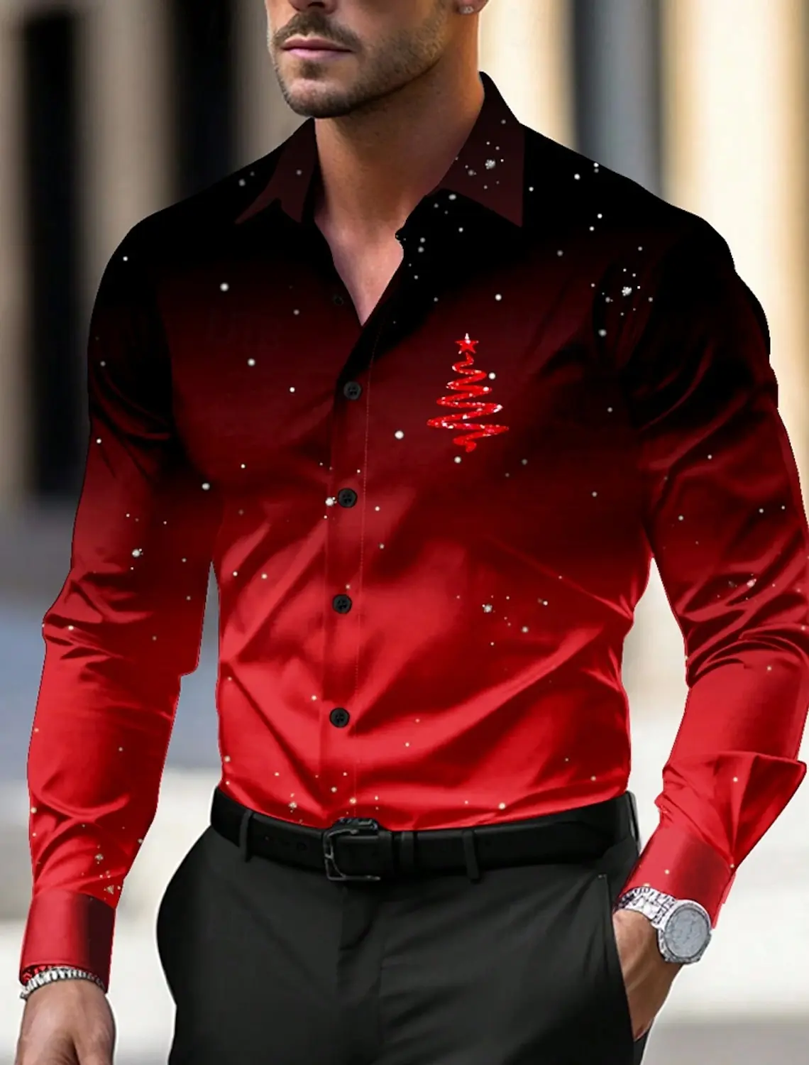 Christmas Theme Men\'s Christmas Trees Logo Printed Shirts Snowflake Gradient Graphics Button Up Long Sleeve Shirts Fashion Tops