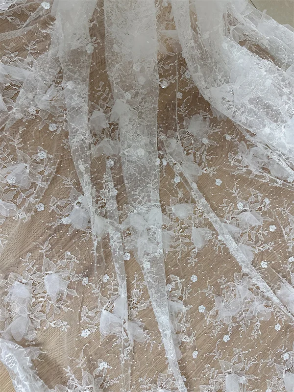 3D Off White Sequins Beads Chantilly French Lace Fabric Bride Wedding Dress Lace Fabric