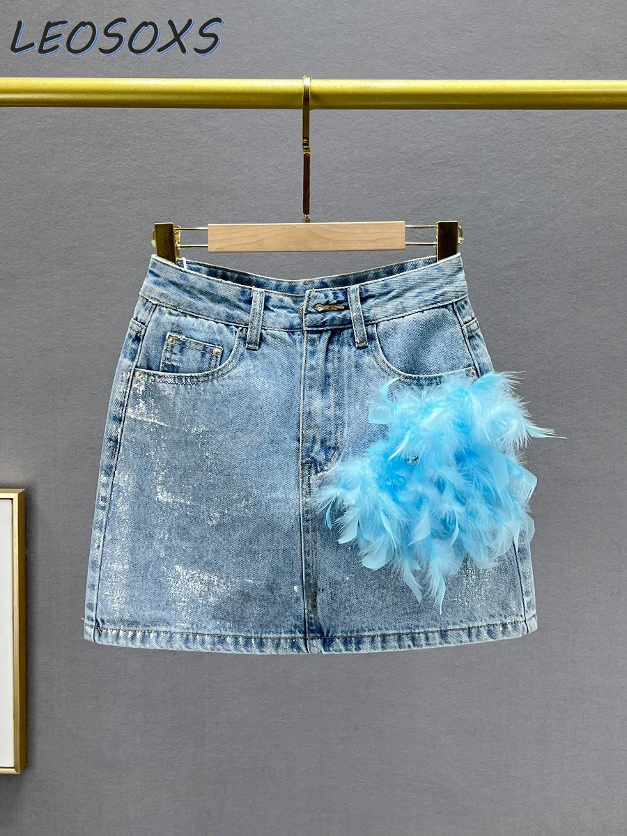 LEOSOXS Casual Denim Skirt Women's Skirt 2024 New Summer High Waist Slim Fit Slim Feather Hip Skirts High Street Women Clothing