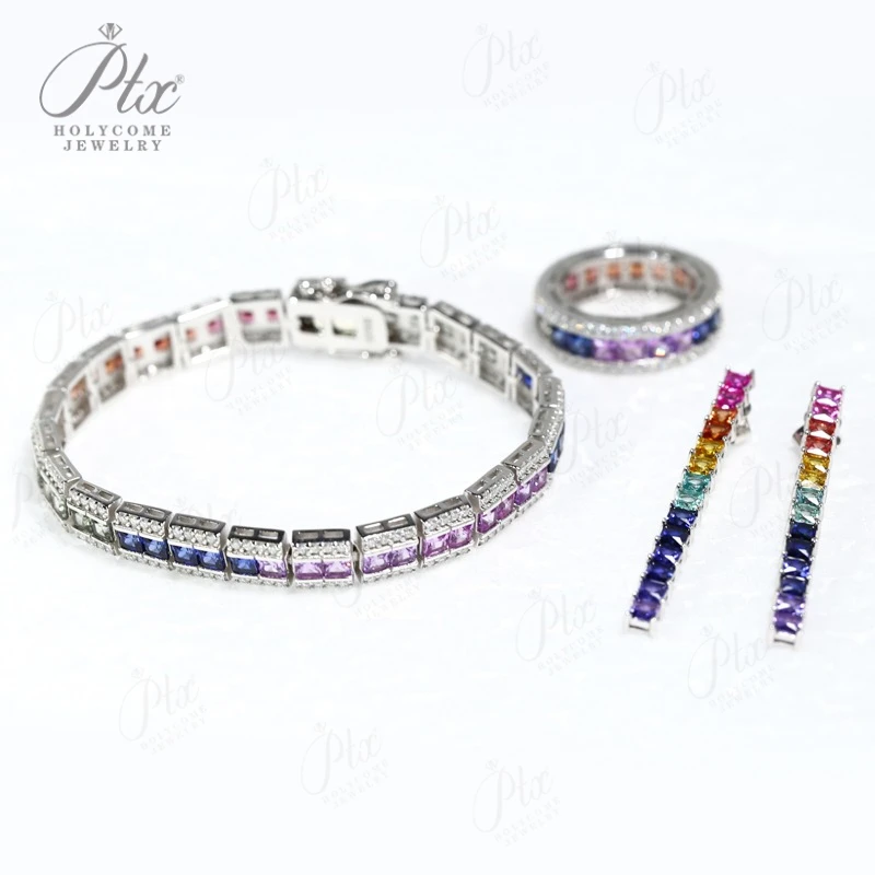 

Jewelry Set Lab-Grown Colored Gemstone Set It Includes Ring Bracelet & Earrings Suitable for Weddings As A Gift Hypoallergenic