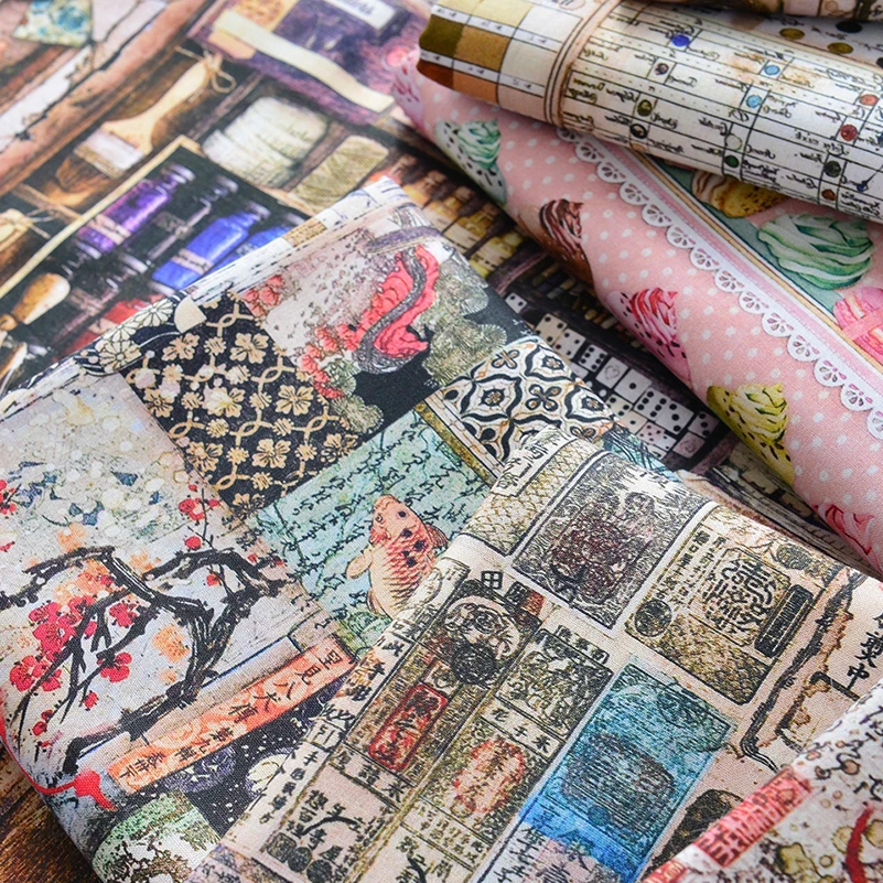 Cotton Fabric Vintage Alice Newspaper for DIY Handmade Digital Printing Rose Cakes by Half Meter