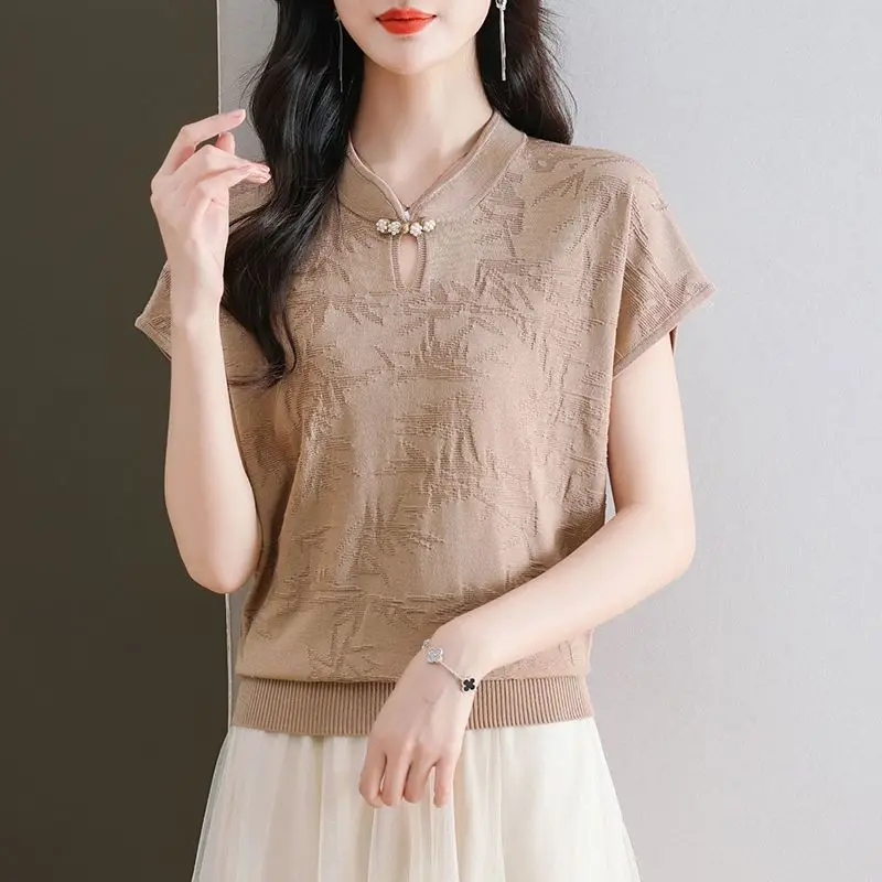Nowa damska koszulka na lato 2025, jedwabna, z krótkim rękawem, stójką, cienka, z dzianiny lycry, luźny krój, standardowa długość.