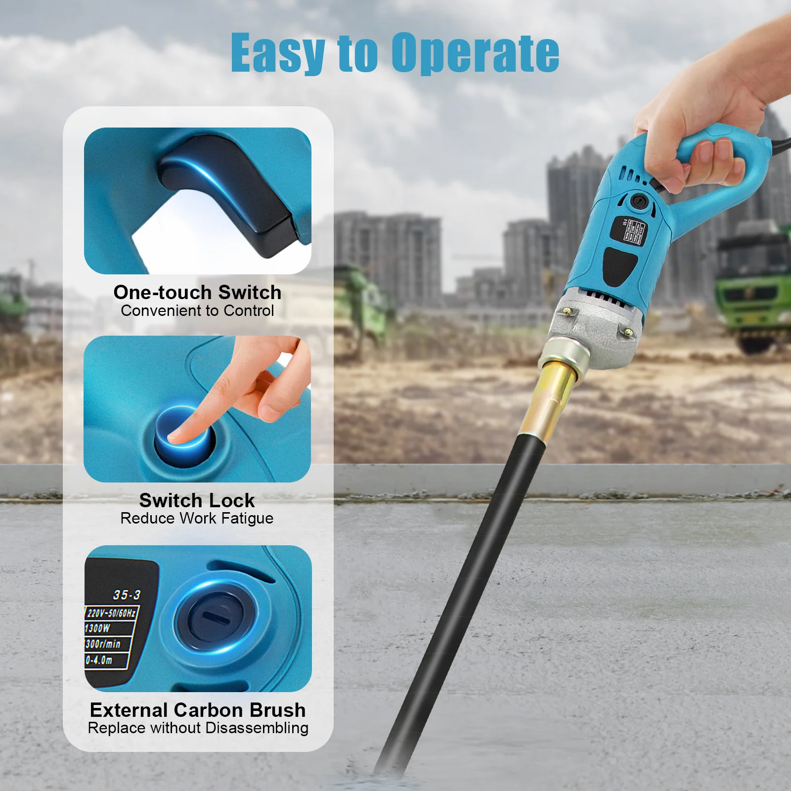 1.5m Hose Handheld Electric Concrete Vibrator Cordless Vibrating Tool Bubbles Remove 1300W