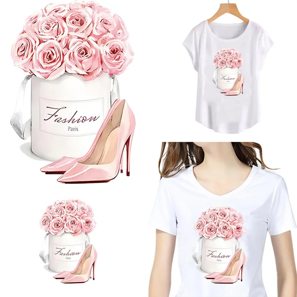 

Beautiful Flowers Iron On Transfer On Clothing DIY A-levels Heat Sticker On T-shirt Bag Pink Rose Patches For Clothing Appliqued