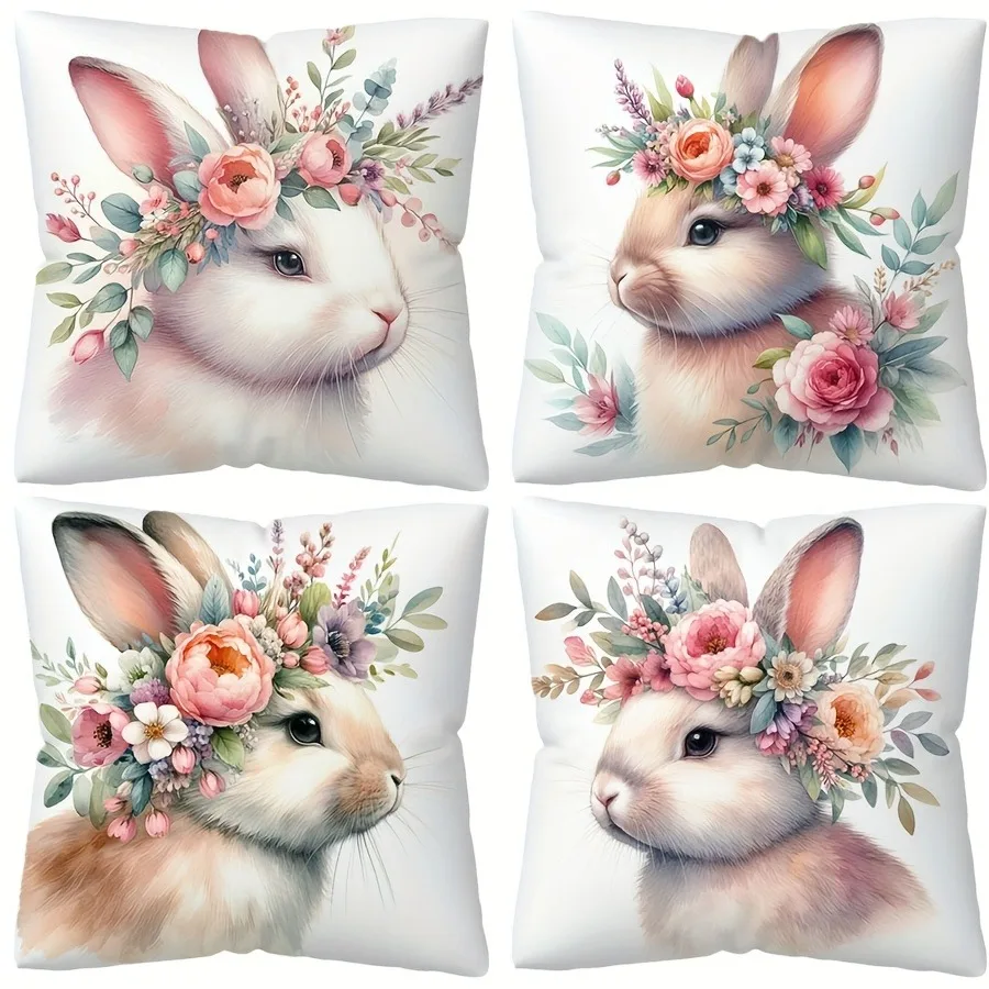 Easter Floral Bunny Print Pillowcase Nordic Home Decor Pillowcase Holiday Bedroom Living Room Decoration Polyester Cushion Cover