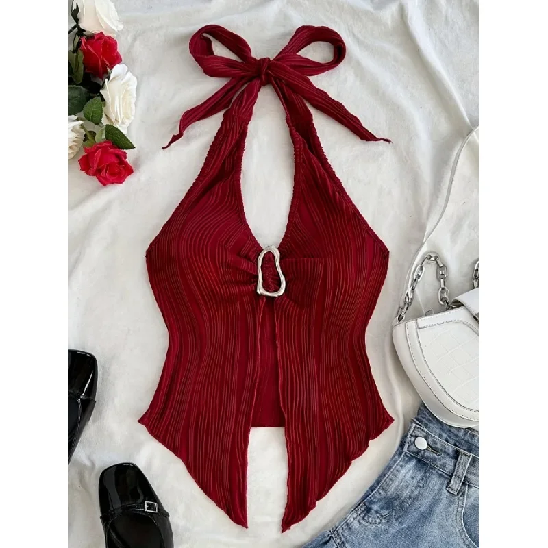 2025 เซ็กซี่VคอHalterคอCrop Topสําหรับผู้หญิงฤดูร้อนChic ElegantแขนกุดแยกBackless Top Y2Kเสื้อผ้าสีขาวสีดํา