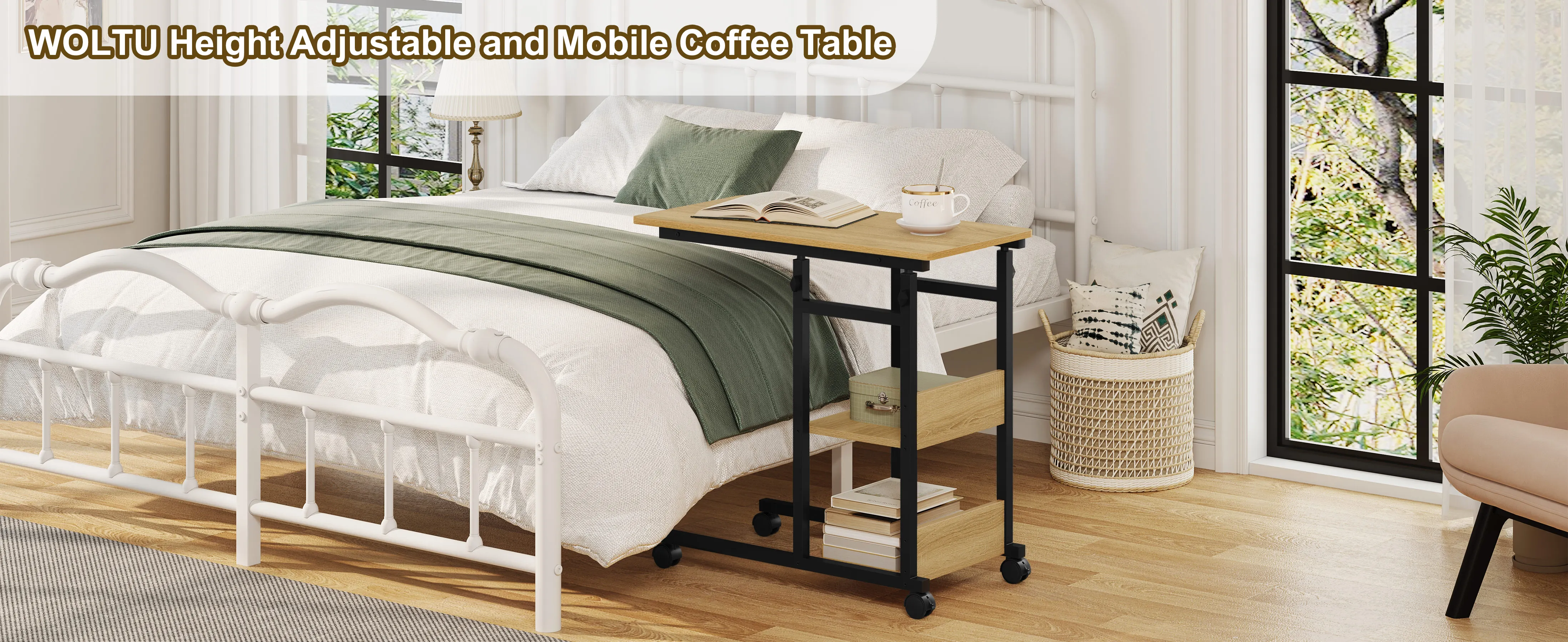 WOLTU Couchtisch, Beistelltisch, Bett-Sofa-Laptoptisch, C-förmig, höhenverstellbar, mit Rollen, Beistelltisch für Wohnzimmer, Schlafzimmer – Detail 17