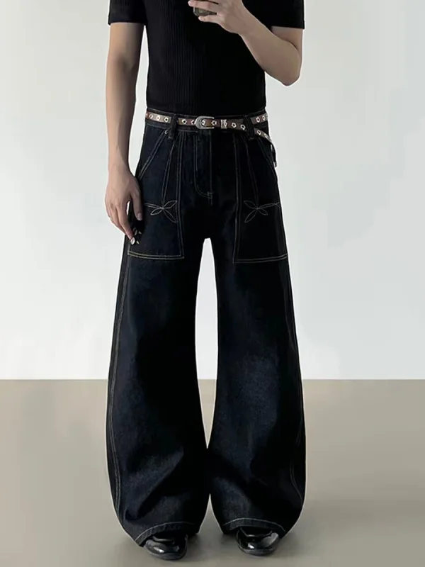 

TANGZ Studio American Sle Embroidered Design Men's Loose Fit Casual Jeans Original Color Long Trousers Trendy Straight Leg