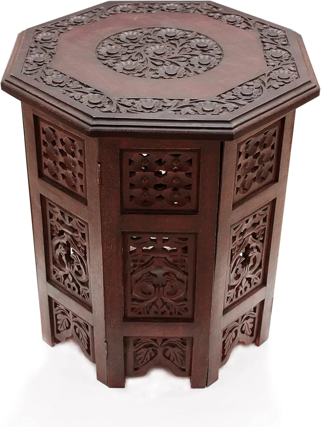 Solid Wood Decorative Side Table,Hand Carved Vintage Bohemian Folding Side Table ,Suitable for Small Spaces,18x18 Octagon，Brown