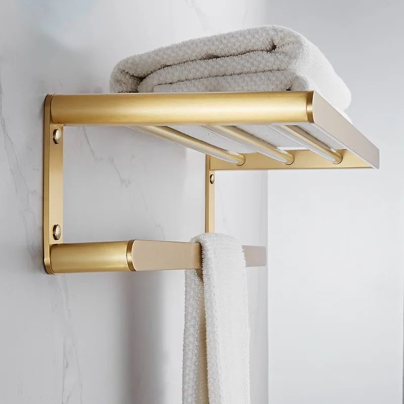 

Brushed Gold Towel Rack - No Drill Bathroom Shelf, European Style Wall Mount Organizer for Bath/Shower Storage (5-Rod, 60cm)