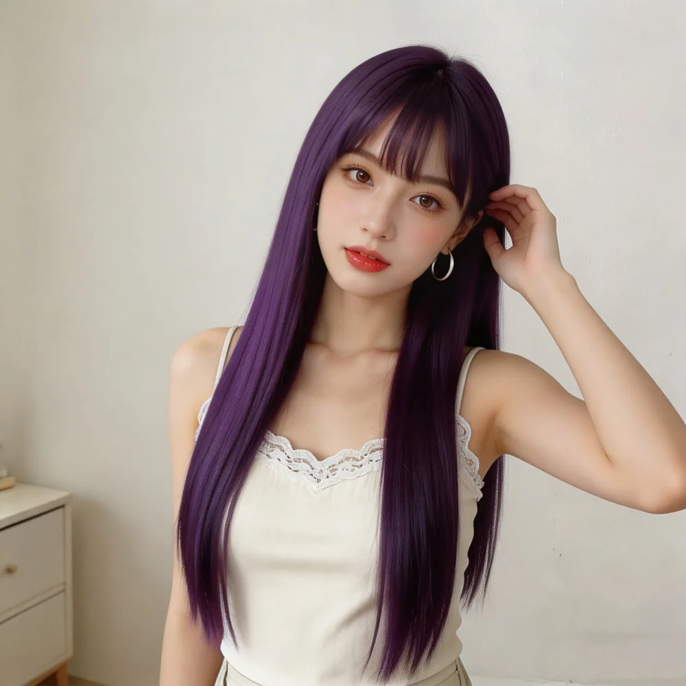 Synthetic Wig for Women - Purple Long Hair Lolita Natural Looking Straight Hair Synthetic Full Headpiece
