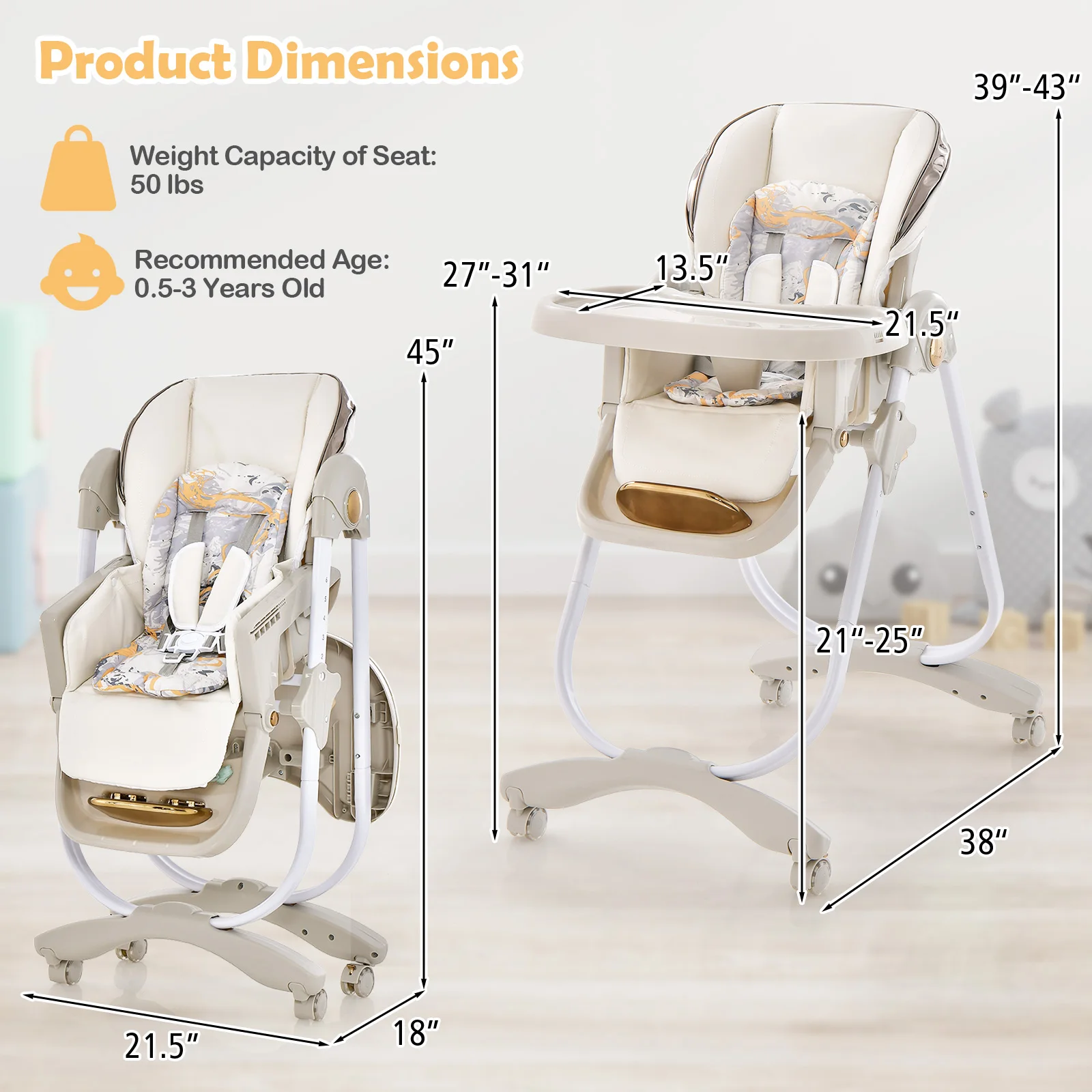 Baby High Chair w/ Wheel Folding Baby Dining Chair Adjustable Height & Recline