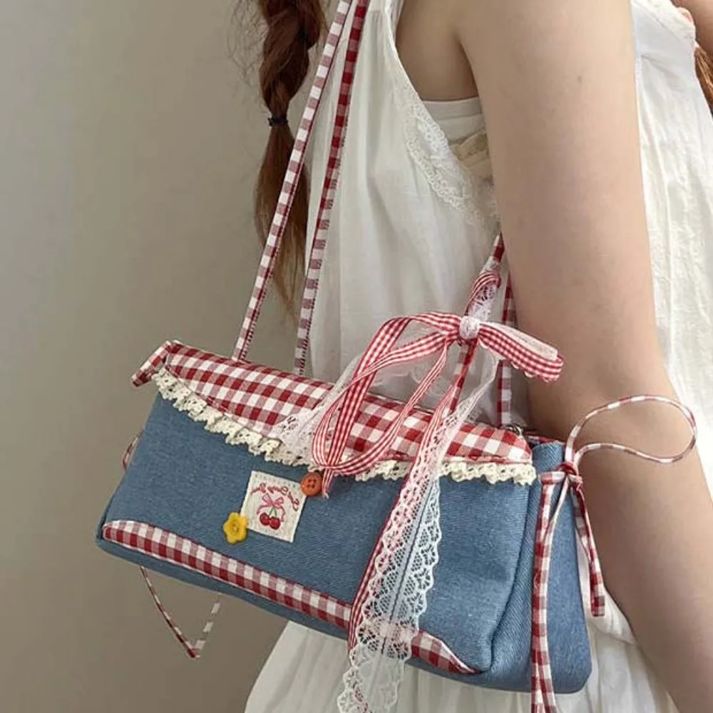 

Bow Lace Ribbon Decoration Handbag French Stick Underarm Bag Fashion Women's Red Plaid Denim Blue Shoulder Bag