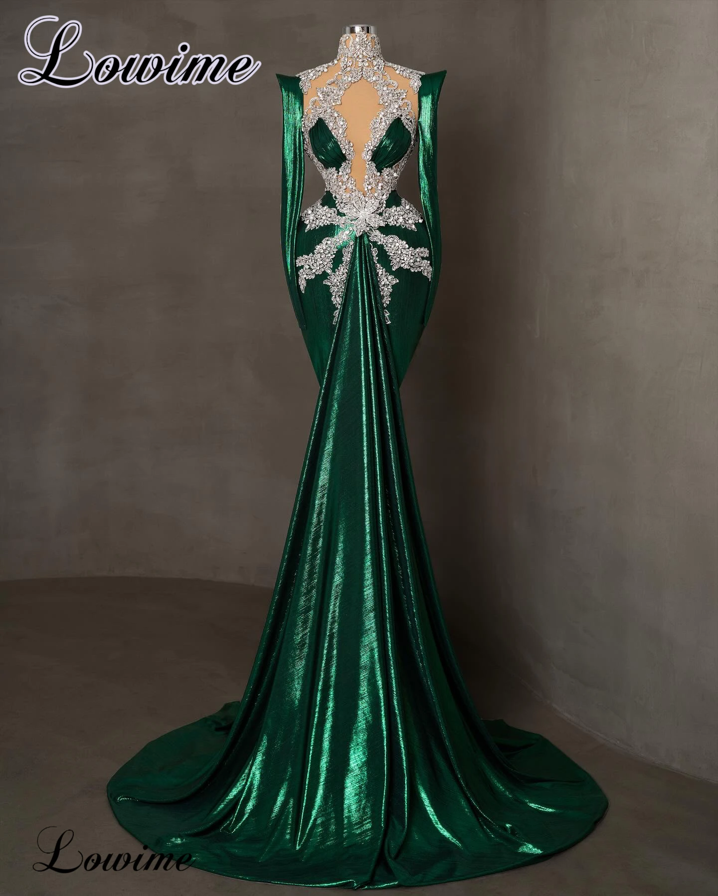 New Fashion Green Evening Dresses Luxury High Neck Crystals Celebrity Dresses Mermaid Long Sleeves Pageant Gown Robes De Soirée