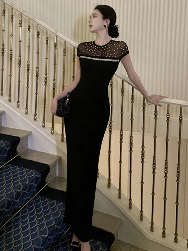 Roupas femininas chique preto puro sexy o-pescoço magro longo vestido de noite elegante luxo festa aniversário vestidos fiesta robe verão