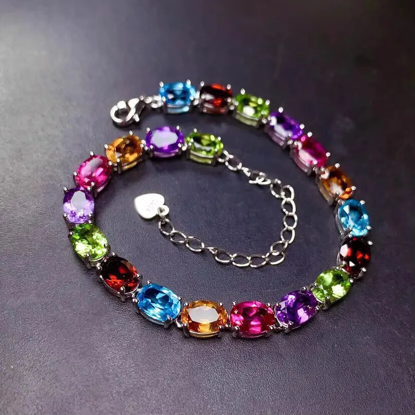 Garnet Topaz Tourmaline Peridot Amethyst Spinel flat oval faceted s925 chain bracelet