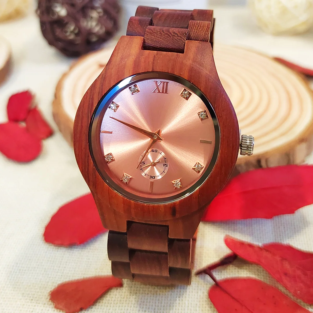 Women\'s Wood Wrist Watch Fashion Simulated Diamond Dial Wife Girlfriend Stylish simplicity Quartz Wooden Watches for Ladies