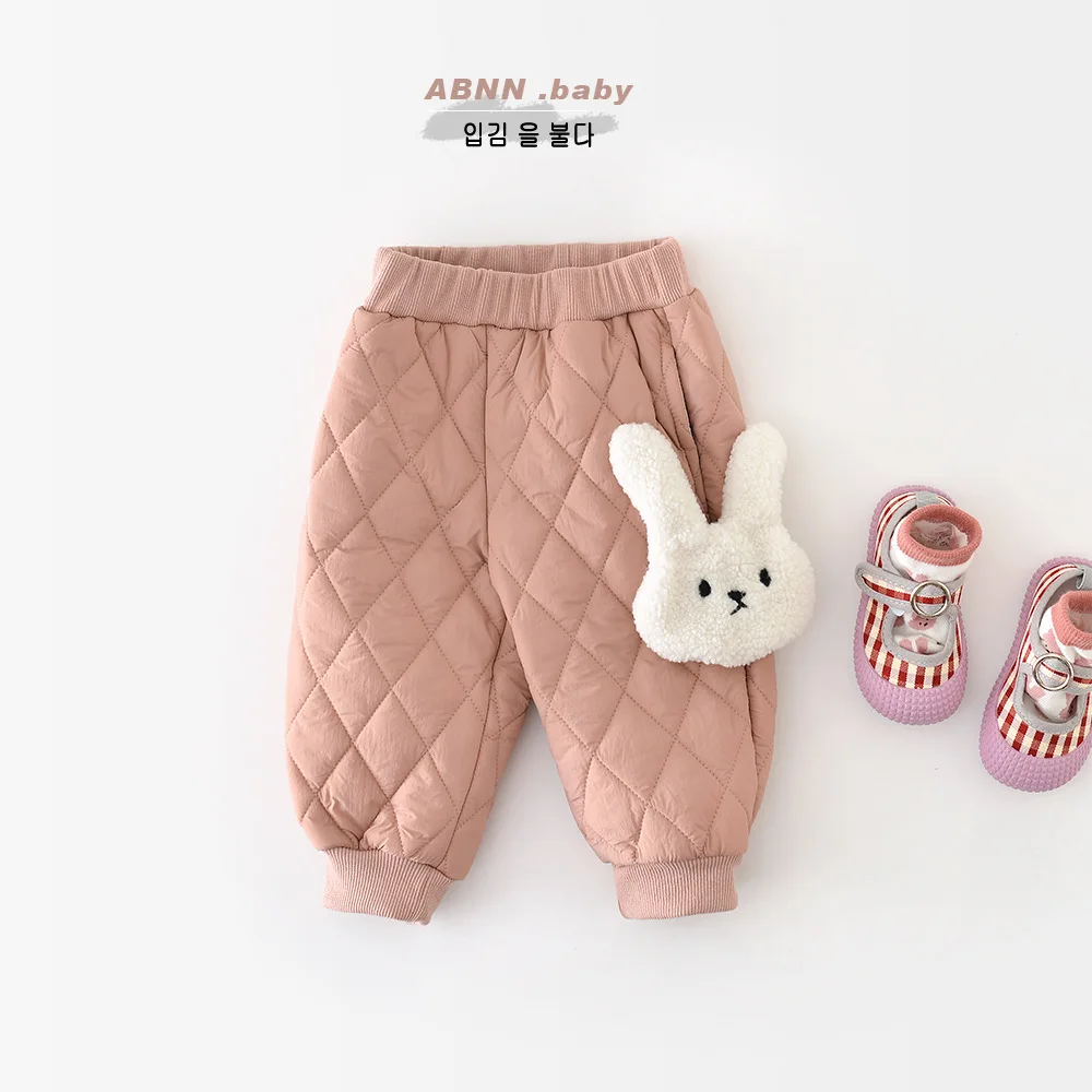 Winter Baby Girls Pants Cotton Padded Cartoon Rabbit Patched Solid Warm Infant Girls Trousers Exterior Cute Toddler Girl Pants