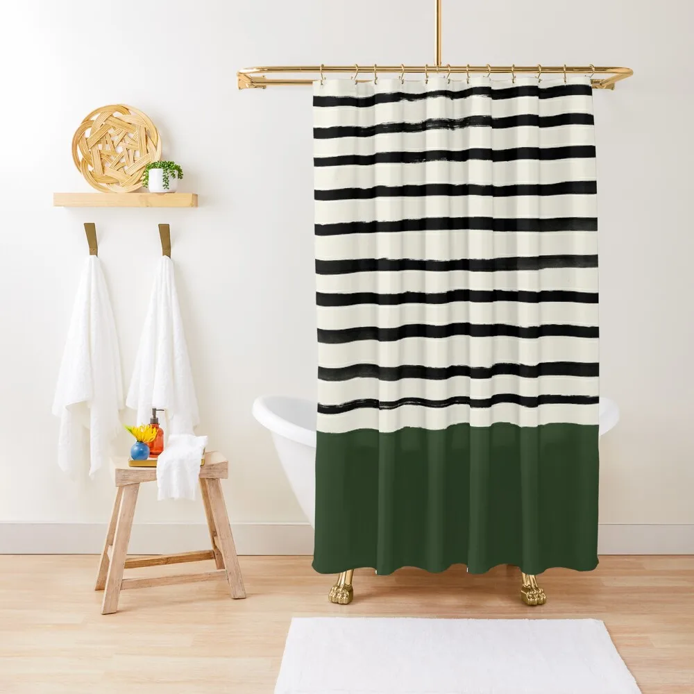 

Forest Green x Stripes Shower Curtain Set For Bathroom For Bathrooms Waterproof Fabric Shower Curtain