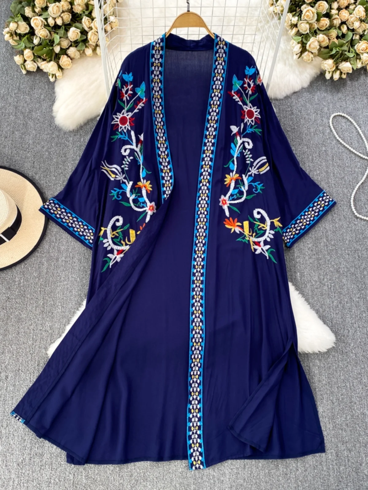 

Летний этнический кардиган средней длины с вышивкой, открытое пальто для защиты от солнца, пляжная верхняя одежда для отпуска