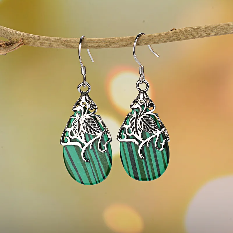 Natural Green Malachite Hand Carved Drop Earrings Fashion Jewelry Men\'s and Women\'s 925 Silver Inlaid Drop Earrings