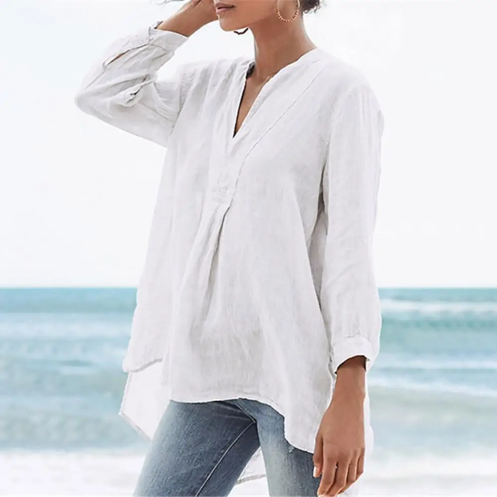 M-4XL V Neck Linen Women Shirt Casual Flax Three-quarter Sleeve Loose Lady Blouses Top Female Clothing blusas mujer camisas