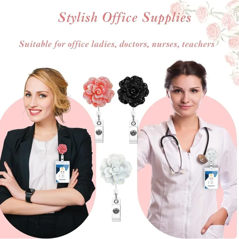 

Катушка для выдвижного значка из смолы с цветком розы на 360° ° Вращающийся держатель удостоверения личности с выдвижным ремешком для ключей для офисных женщин и девочек
