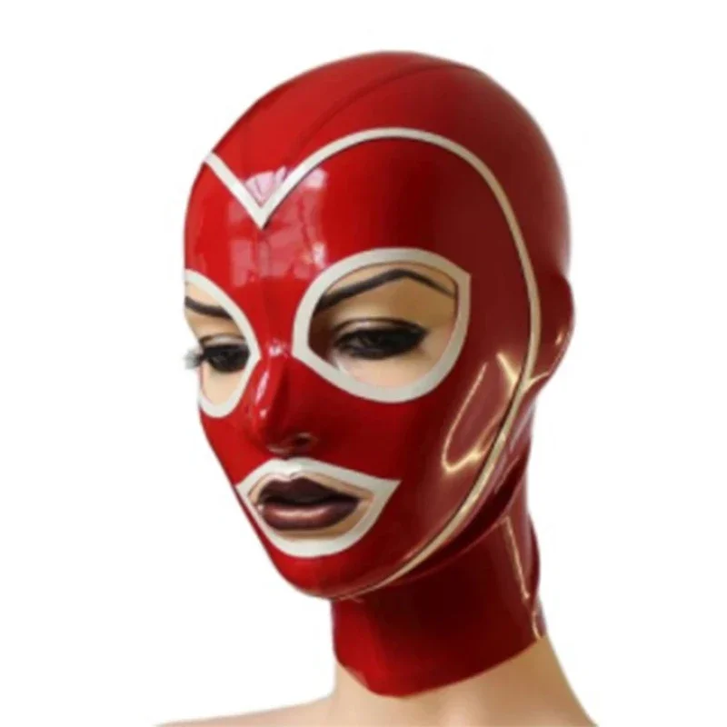 Latex Hood Open Eyes and Mouth Red with White Rubber Mask for Women Catsuit Club Wear Halloween Cosplay Costume