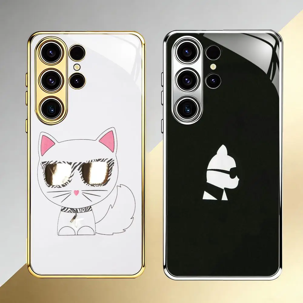 Cartoon Cat glass Cute canvas Cat Phone Case For Samsung S26 S25 S24 S23 S22 S21 Plus Ultra FE Edge Electroplated glass