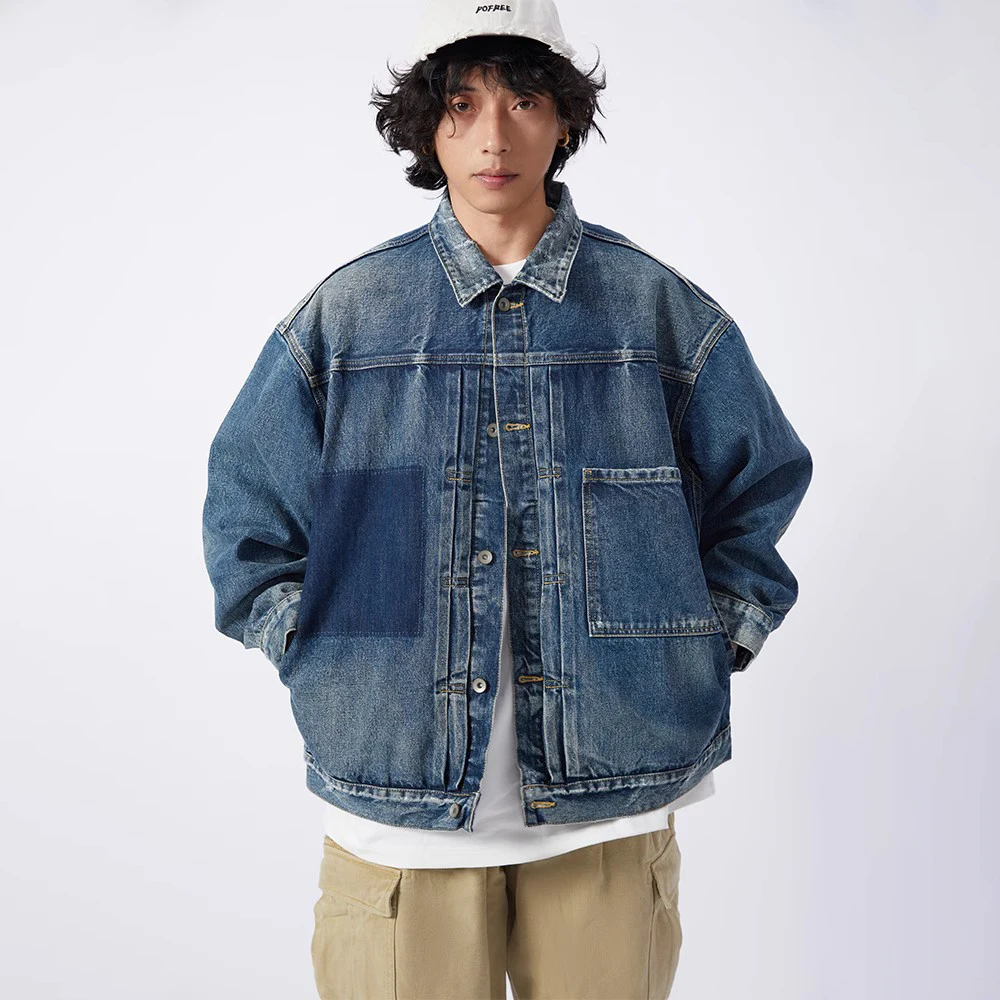 Design Retro Original High-End Men's Washed Large Pocket Loose Large Size Denim Jacket