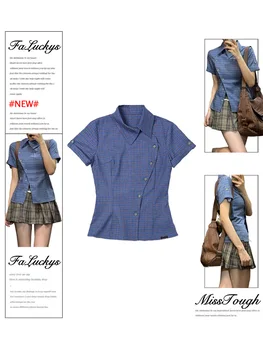 Chemises à carreaux bleus assorties avec tout pour femmes, chemisiers amples à manches courtes, rétro e-girl, Y2k, nouvelle collection été 2024