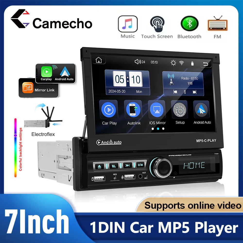 Camecho 7" Auto einziehbares Autoradio 1 Din Stereo Wireless CarPlay Android Auto Mirrorlink Bluetooth 1Din Auto Multimedia Player