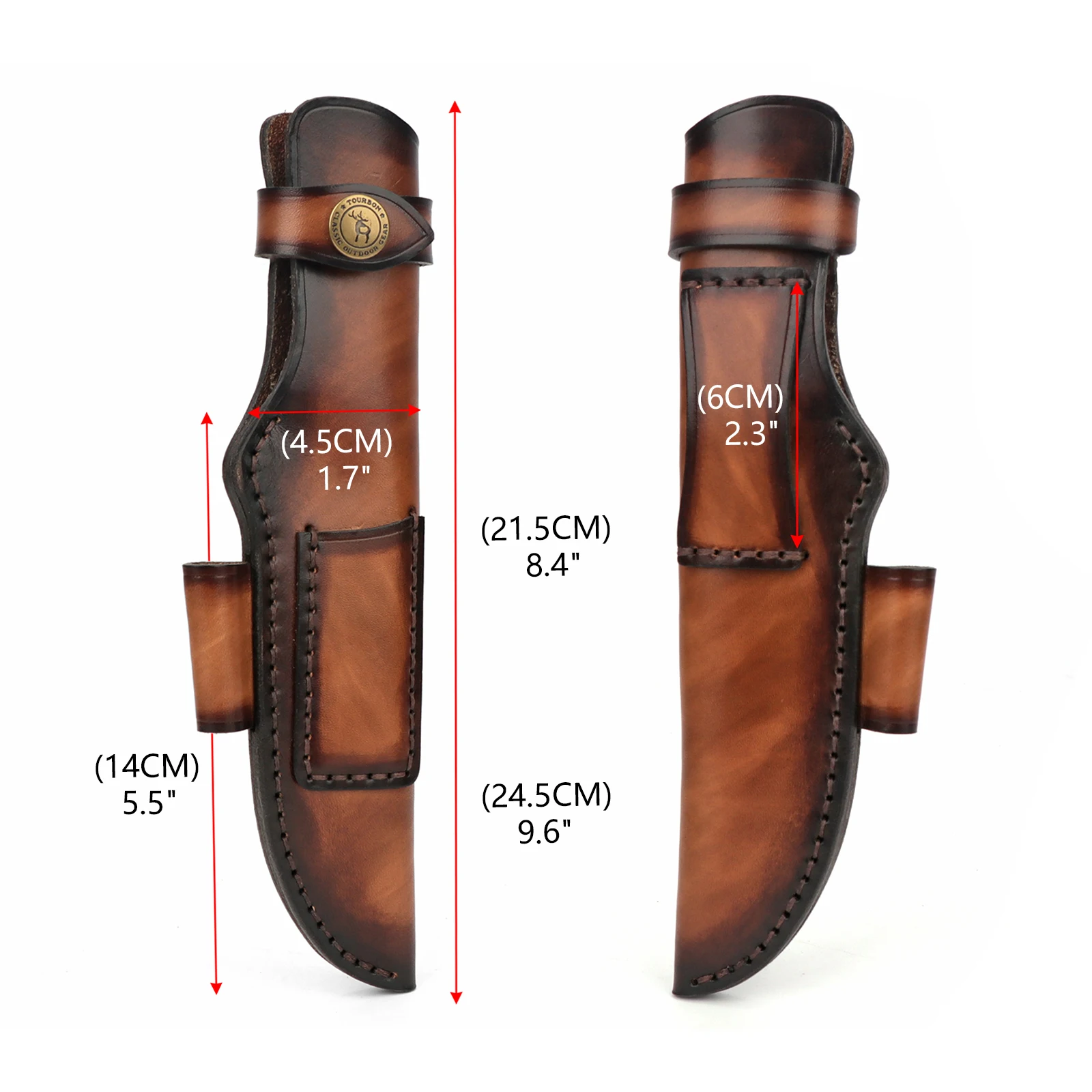 Tourbon-사냥 두꺼운 가죽 수제 칼집, 고정 블레이드 나이프 커버 버튼 잠금 벨트 루프 브라운