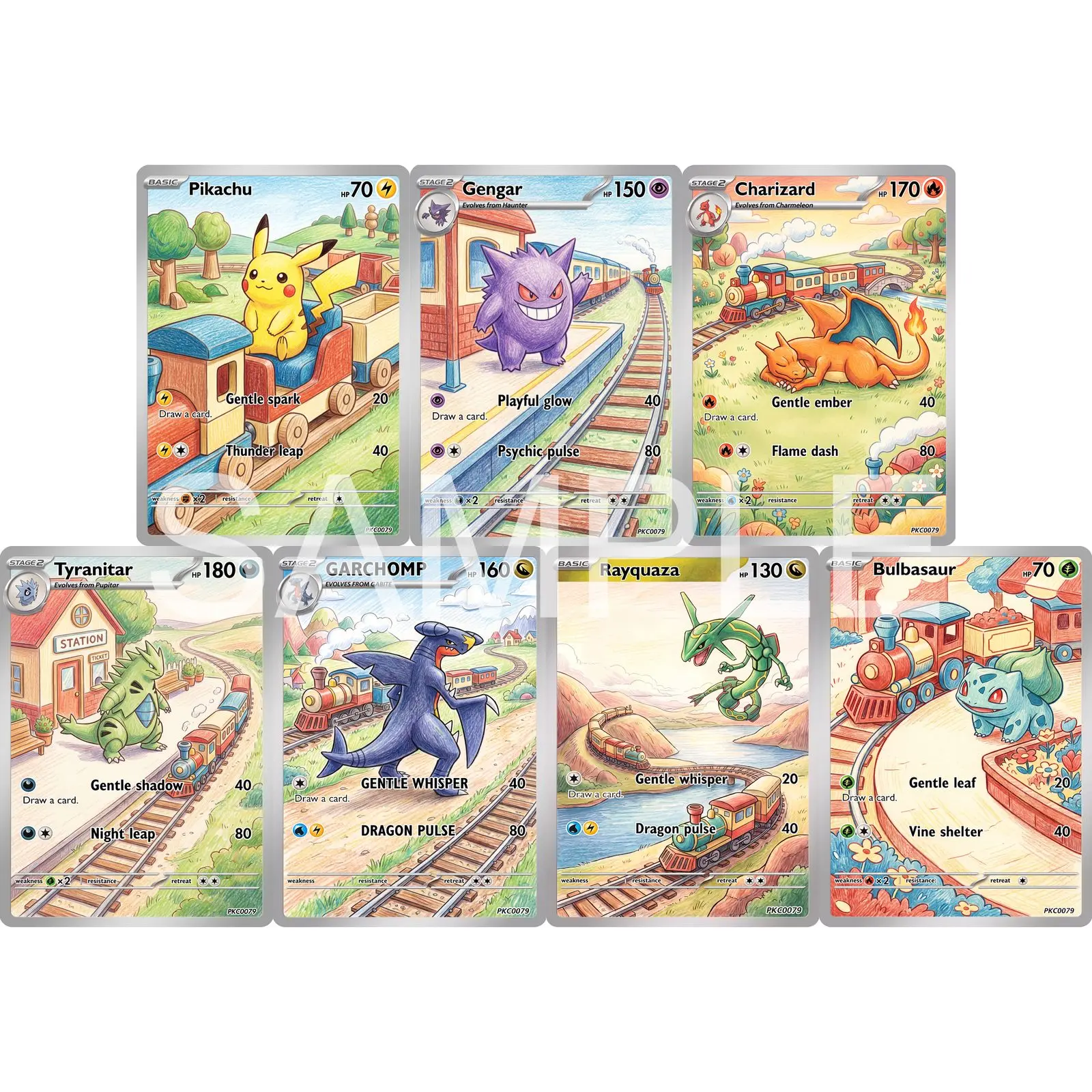 7Pcs PKM Cards PTCG Colored Pencil Storybook Style Gengar Charizard Tyranitar Garchomp Rayquaza Bulbasaur Collection Cards PTCG