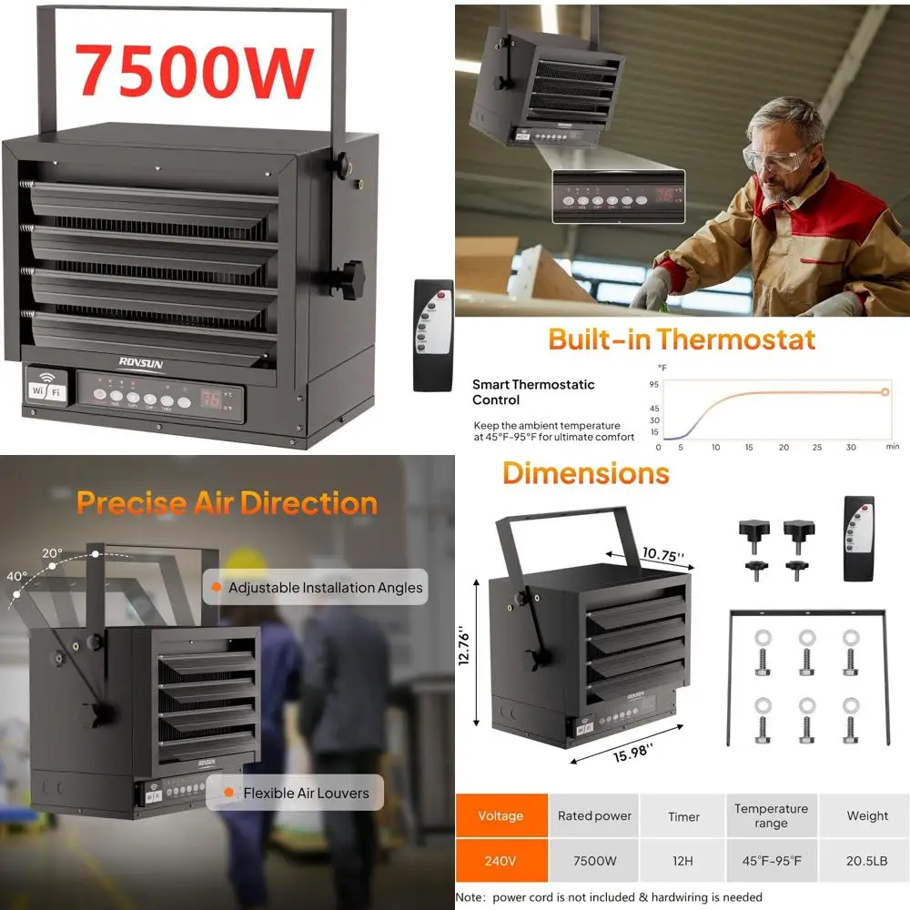 

Электрический гаражный обогреватель мощностью 7500 Вт с дистанционным управлением и 12-часовым таймером, цифровой потолочный вентилятор с примусовым нагревателем с термостатом для