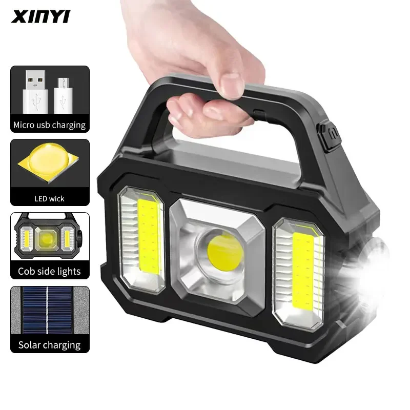 Super Bright Solar LED Camping Flashlight With COB Work Lights USB Rechargeable Handheld 6 Modes Solar Powered Lanterns