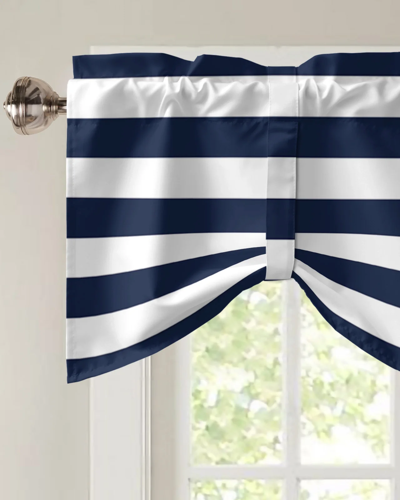 Geometric Blue Stripes Anchor Window Curtain Kitchen Cabinet Coffee Tie-Up Valance Curtain Rod Pocket Short Curtain