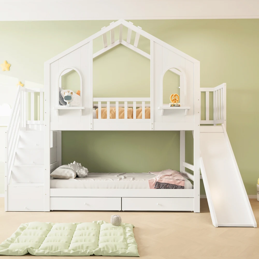 90 x 200 cm großes Kinder-Etagenbett, hausähnlich mit gebogenen Fenstern, mit Stauraumleiter und Rutsche, Schubladen, Kinder-Doppelbett, weiß