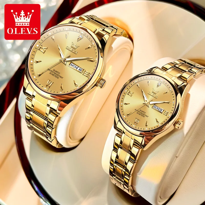 OLEVS 9806 Merkhorloge voor koppels, kalender, waterdicht, lichtgevend, quartz horloge voor heren en dames, origineel modehorloge voor liefhebbers.